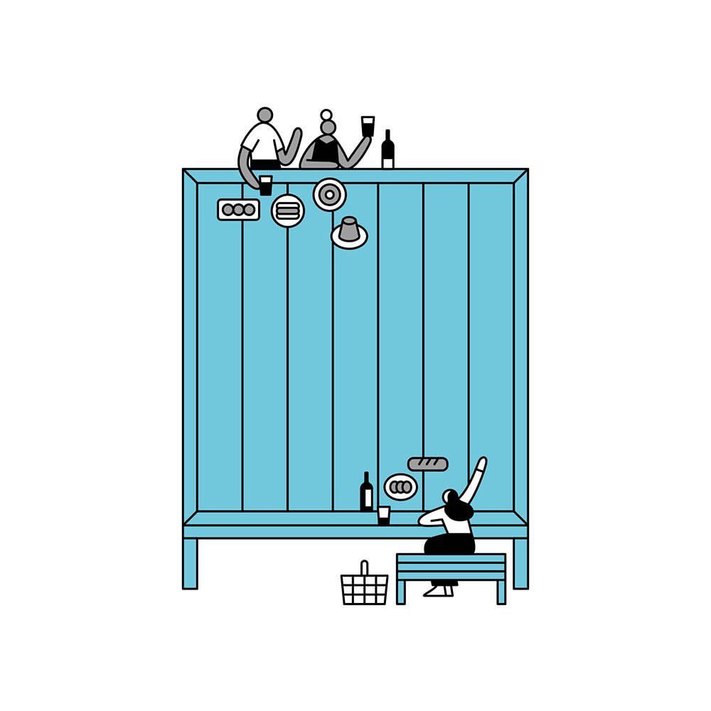 This illustration utilizes a clean, flat design aesthetic with simple line art to depict a bar or service counter setup. The visual language is highly minimalist, relying on solid color blocks and clear outlines to define figures and objects. The overall feel is fresh, modern, and calm.