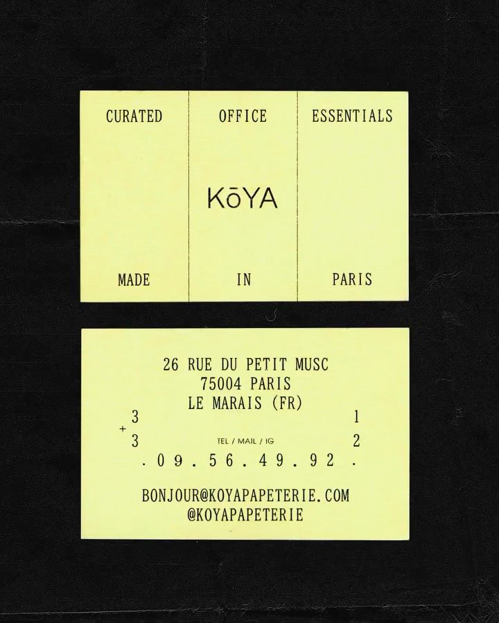 This image presents a minimalist, high-contrast design utilizing a pale yellow card against a dark background. The layout is clean and structured, employing simple, capitalized typography to convey a sense of curated, artisanal quality.