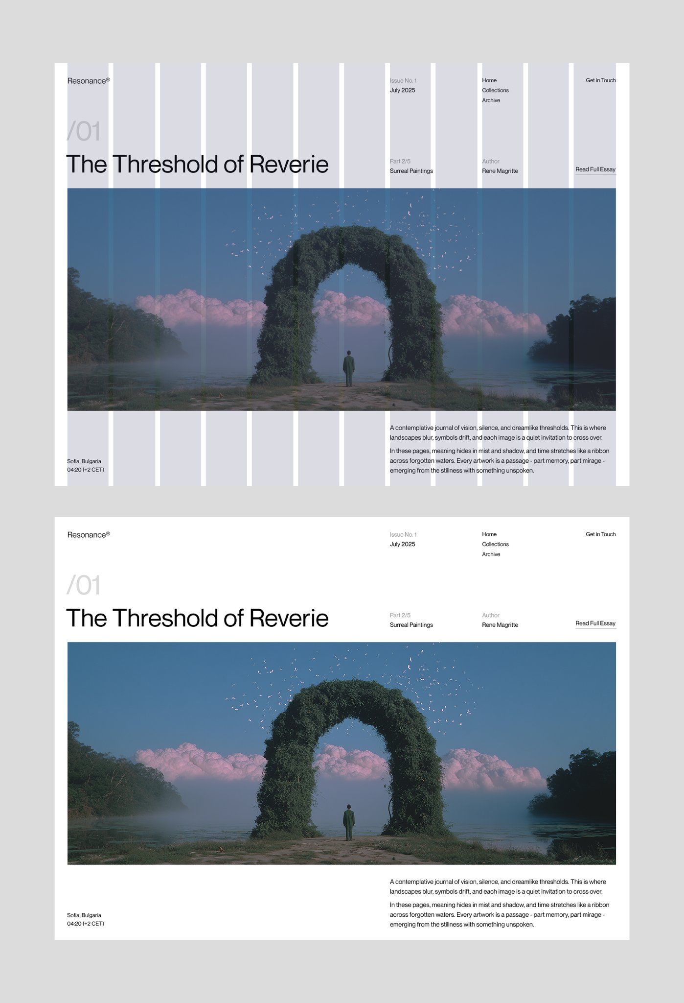 The design is minimalist and atmospheric, utilizing a muted color palette and a central, evocative landscape featuring an archway. The composition is balanced, drawing the viewer's eye toward the misty, natural scene.