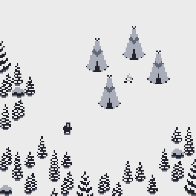This image presents a minimalist, low-resolution landscape rendered in a distinct pixel art style, depicting scattered evergreen trees against a pale background. The visual language is simple and highly stylized, evoking a nostalgic, retro gaming aesthetic.