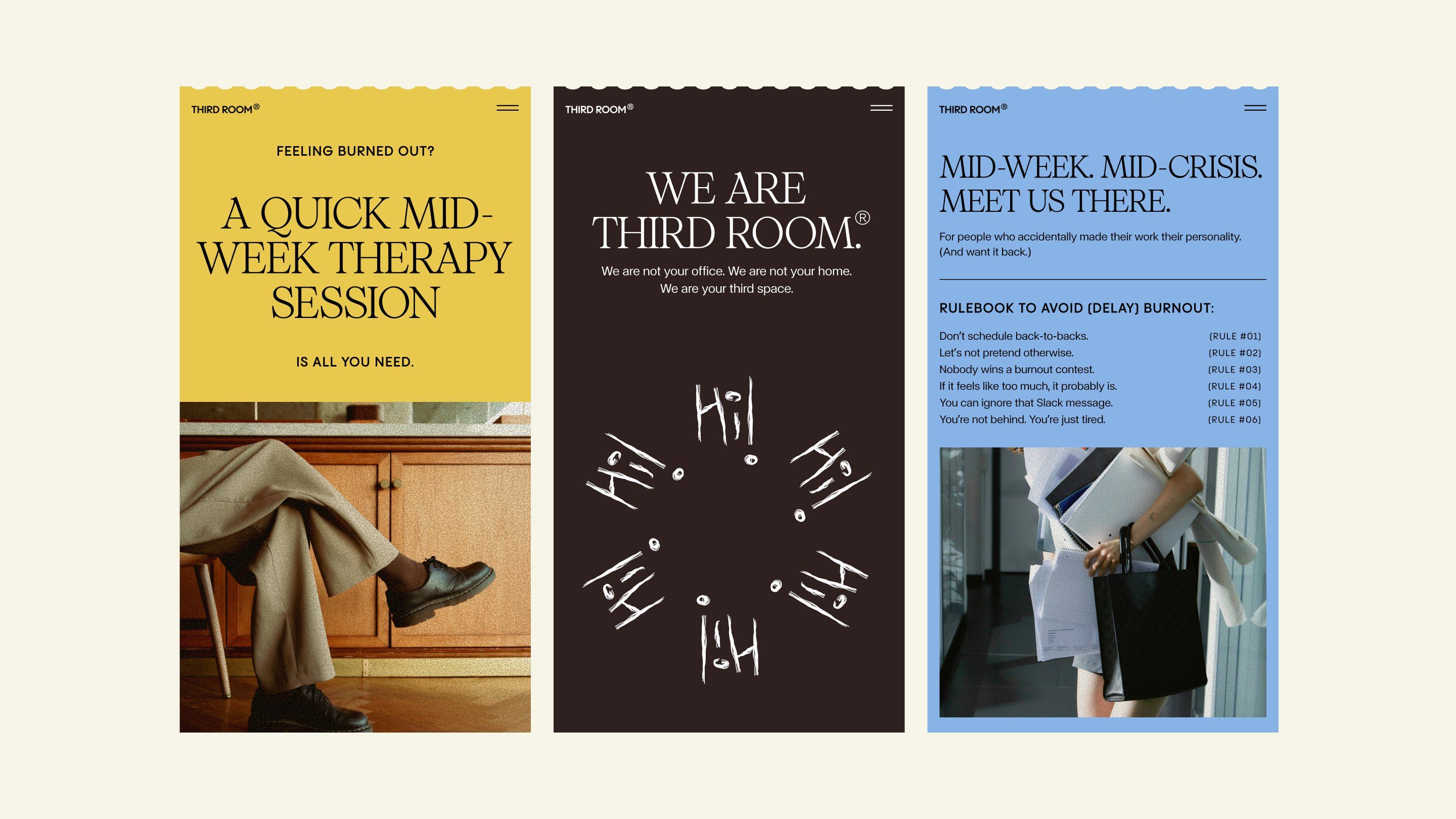 This design uses a stark, minimalist aesthetic combined with hand-drawn elements to promote mental health services. The visual language balances clean typography and serious imagery against a dark, moody backdrop to create an intimate yet professional tone.