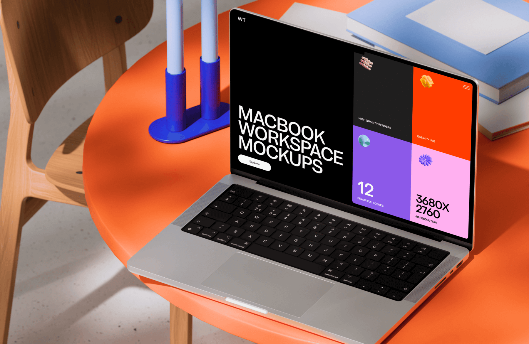 The image showcases a modern, professional laptop displaying mockups, emphasizing clean lines and a vibrant yet organized color scheme. The composition is bright and focused, highlighting the product's functionality and design appeal.