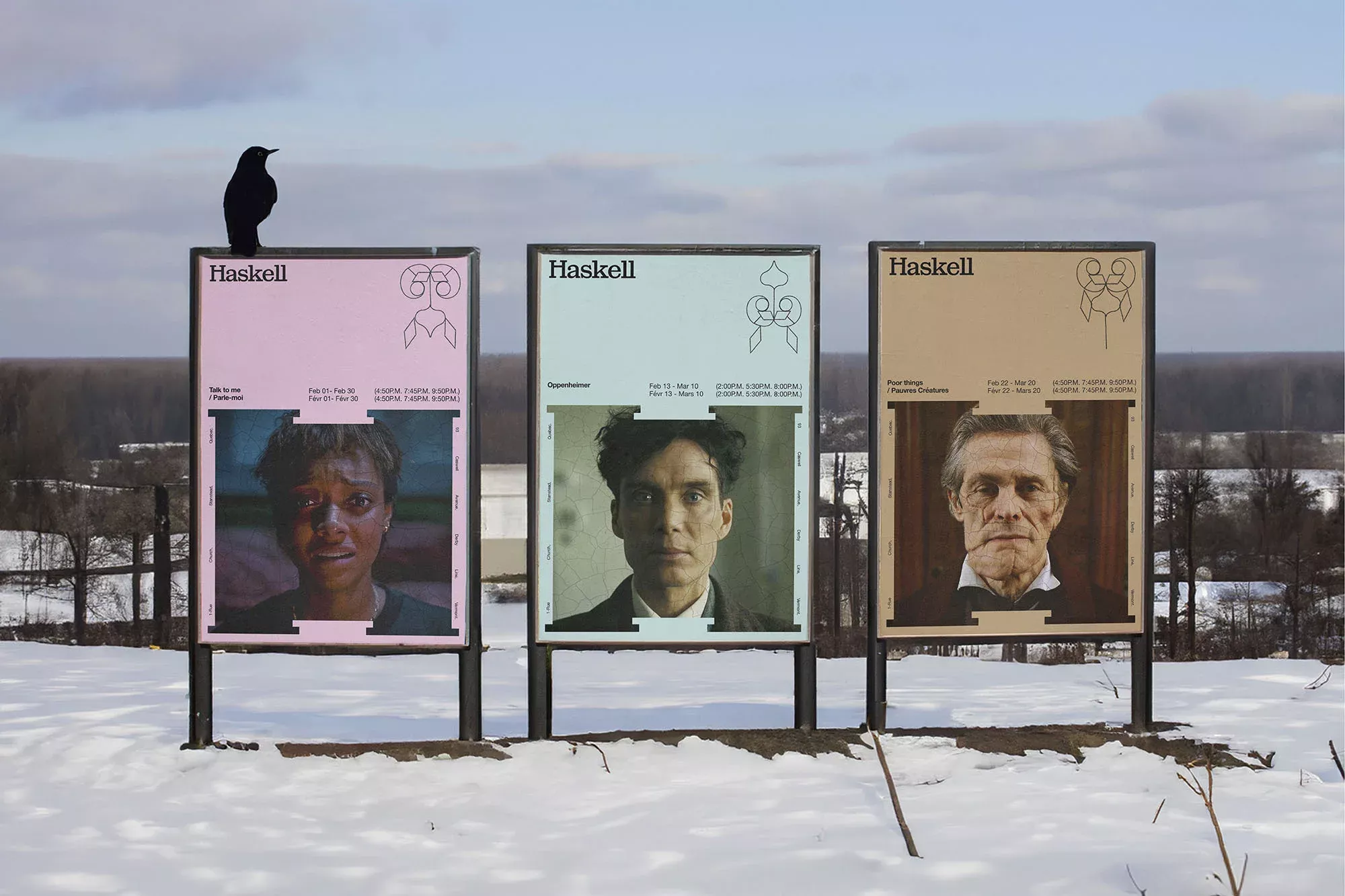 This is an outdoor exhibition featuring three vertical panels displaying photographic portraits and minimalist text, suggesting a historical or artistic retrospective. The design relies on stark contrast and simple composition to present the subjects in a raw, documentary manner.