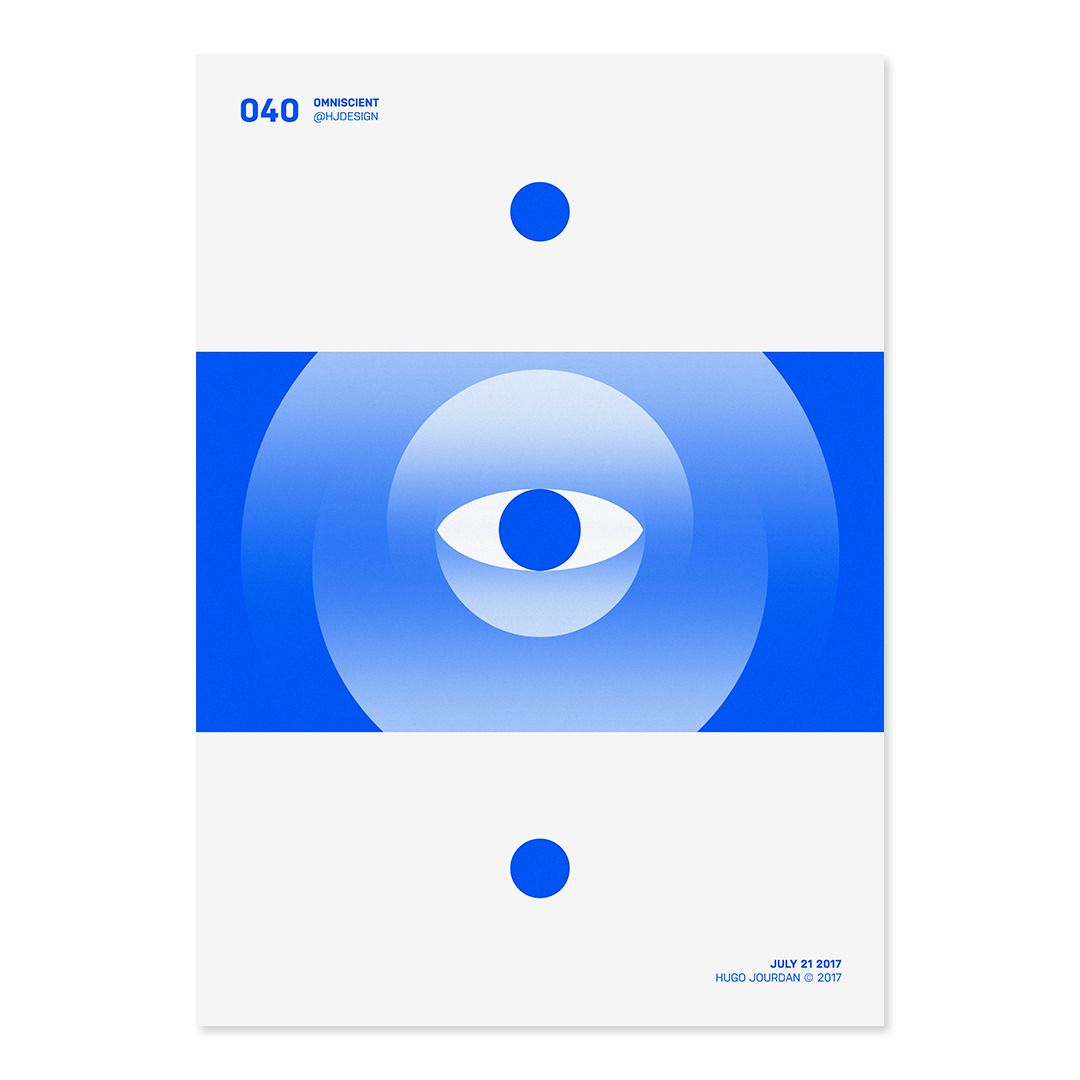 This is a minimalist and sophisticated design, utilizing a strong monochromatic blue gradient to create a sense of depth and focus. The composition is clean, centered, and relies heavily on negative space to draw the viewer's eye directly to the central iris motif.