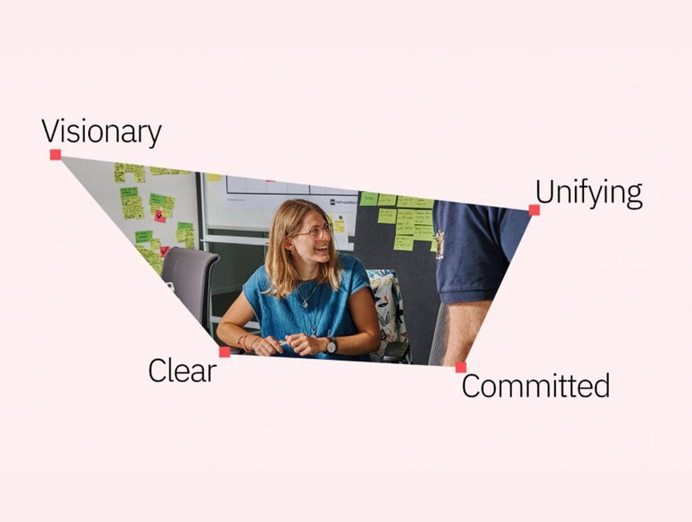 A minimalist infographic featuring a trapezoid-shaped frame containing a candid workplace photograph, with four descriptive labels positioned around the perimeter. The design uses a soft, neutral background with clean typography to highlight core values or brand attributes.