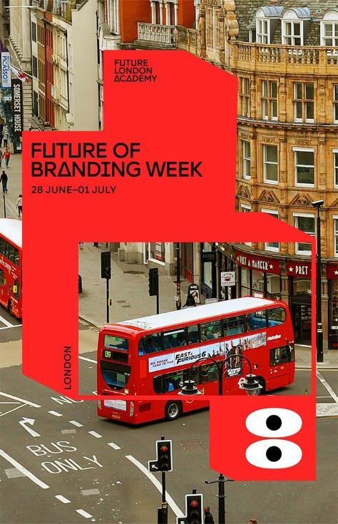 A bold, contemporary event poster featuring a vibrant red geometric overlay that frames an iconic London street scene with a classic double-decker bus. The design employs stark contrast between the vivid red shapes and the muted urban photography, creating a dynamic and eye-catching promotional composition.