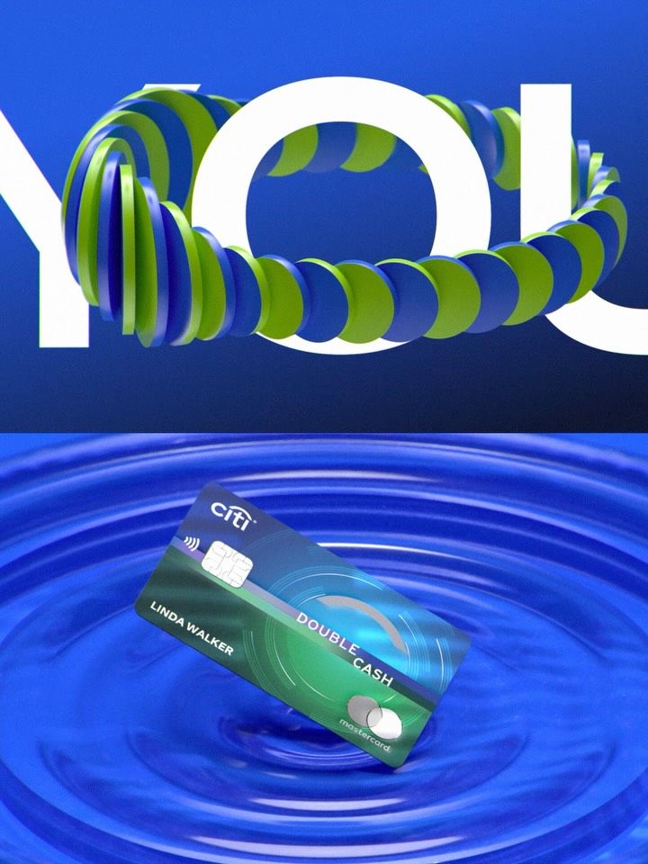 A vibrant, modern promotional design featuring bold typography with an organic, striped 3D element in lime green and blue. The composition combines digital abstraction with product photography, creating a dynamic and energetic visual narrative around a credit card floating in rippling blue liquid.