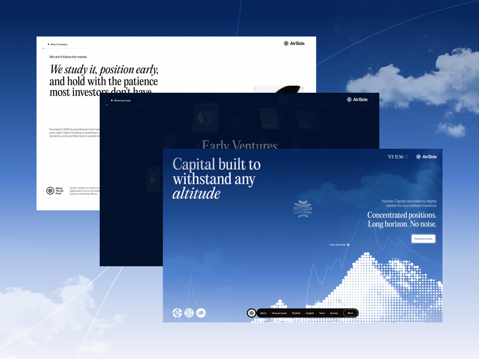 This design employs a professional, modern aesthetic using deep blues and atmospheric overlays to convey trust and stability. The visual language is clean and corporate, utilizing layered semi-transparent elements and subtle graphical motifs to create depth and focus on the core message of investment.