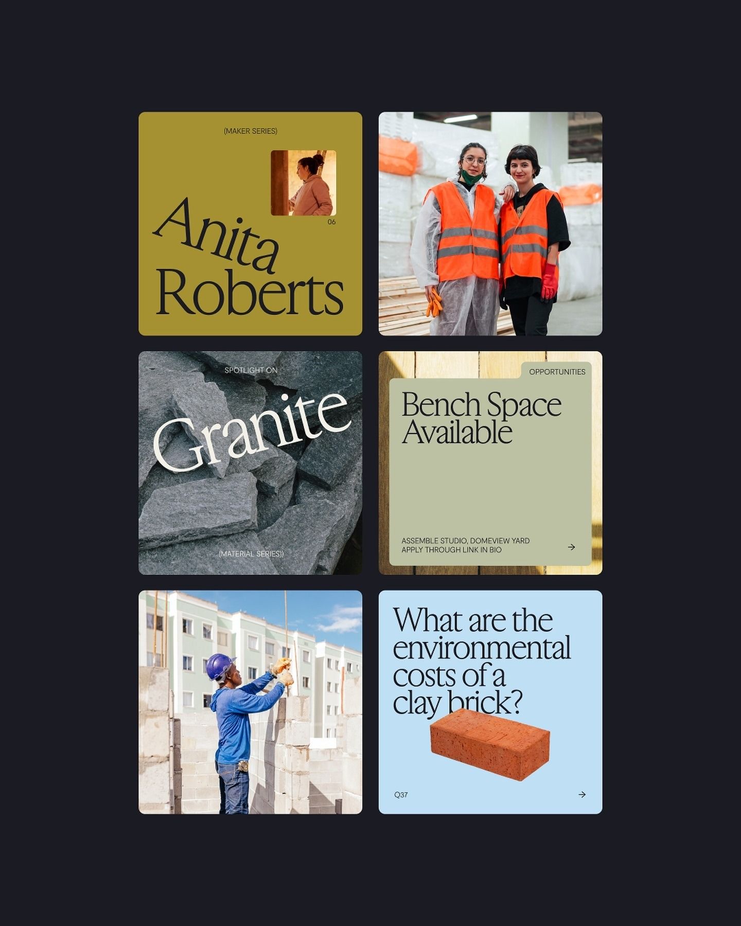 A grid-based layout showcasing six distinct design cards with varied typography, photography, and color treatments. The composition balances documentary photography with minimalist text-based design, creating a cohesive yet eclectic visual narrative around materials, labor, and industrial design.