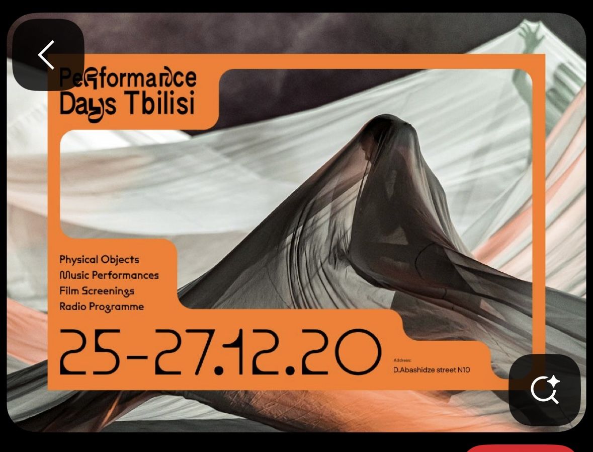 A bold, contemporary event poster for Performance Days Tbilisi featuring a striking abstract image of flowing black fabric against an architectural background. The design employs a vibrant orange geometric frame and modern typography to create visual hierarchy and draw attention to the event details.
