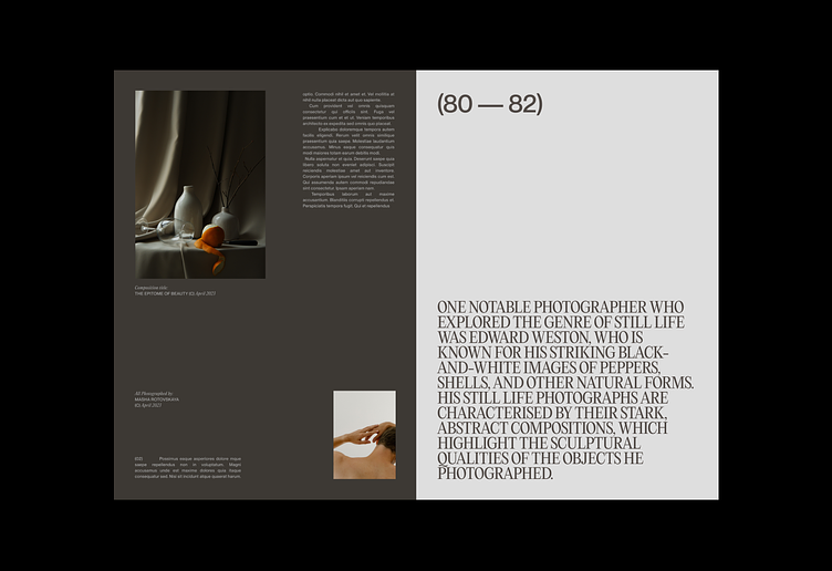 A sophisticated editorial layout featuring a minimalist design with high-contrast black and white spaces, complemented by warm-toned photography. The composition balances dense typography with generous whitespace, creating an elegant and contemplative visual narrative about photography and artistic practice.