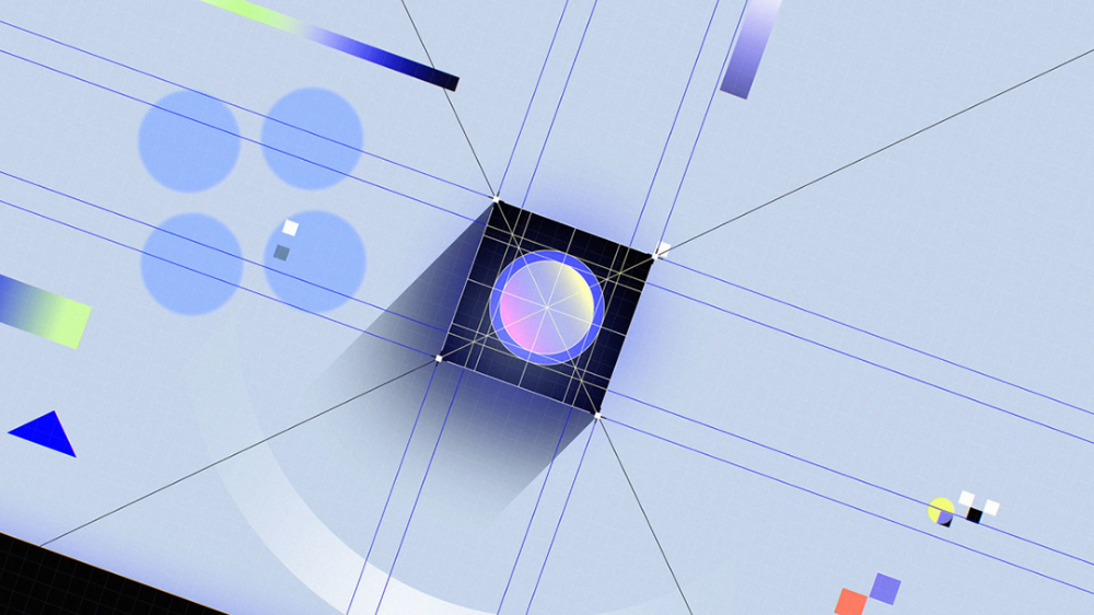 The image presents an abstract, technical visualization characterized by geometric lines, overlapping circles, and a central focal point suggesting data or spatial mapping. The visual language is clean, modern, and analytical, relying heavily on subtle gradients and precise lines to convey complexity.