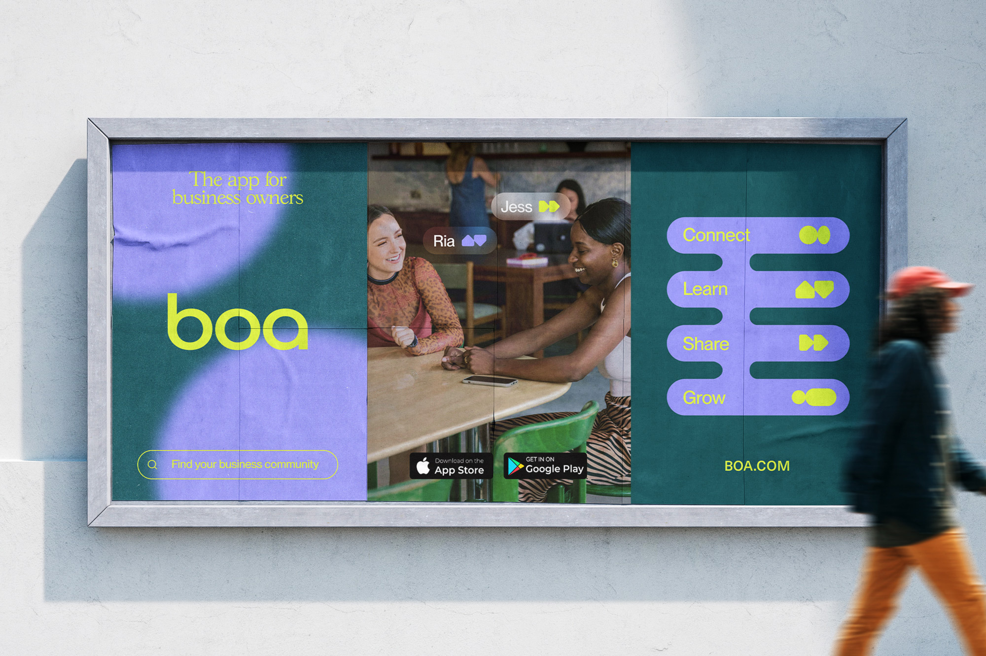 The design successfully blends clean, modern UI elements with realistic photographic context to promote a business networking application. The visual language is professional yet inviting, using clear hierarchy and vibrant but controlled colors to guide the user toward engagement.