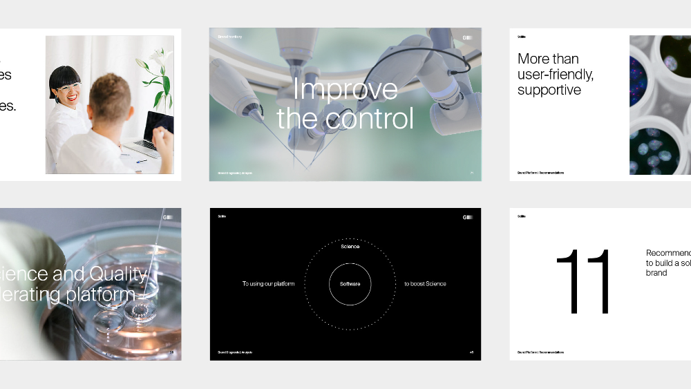 The design employs a clean, high-contrast visual language pairing dark backgrounds with bright, focused imagery to convey professionalism and innovation. The aesthetic is modern and highly polished, using strong visual metaphors related to technology and collaboration.