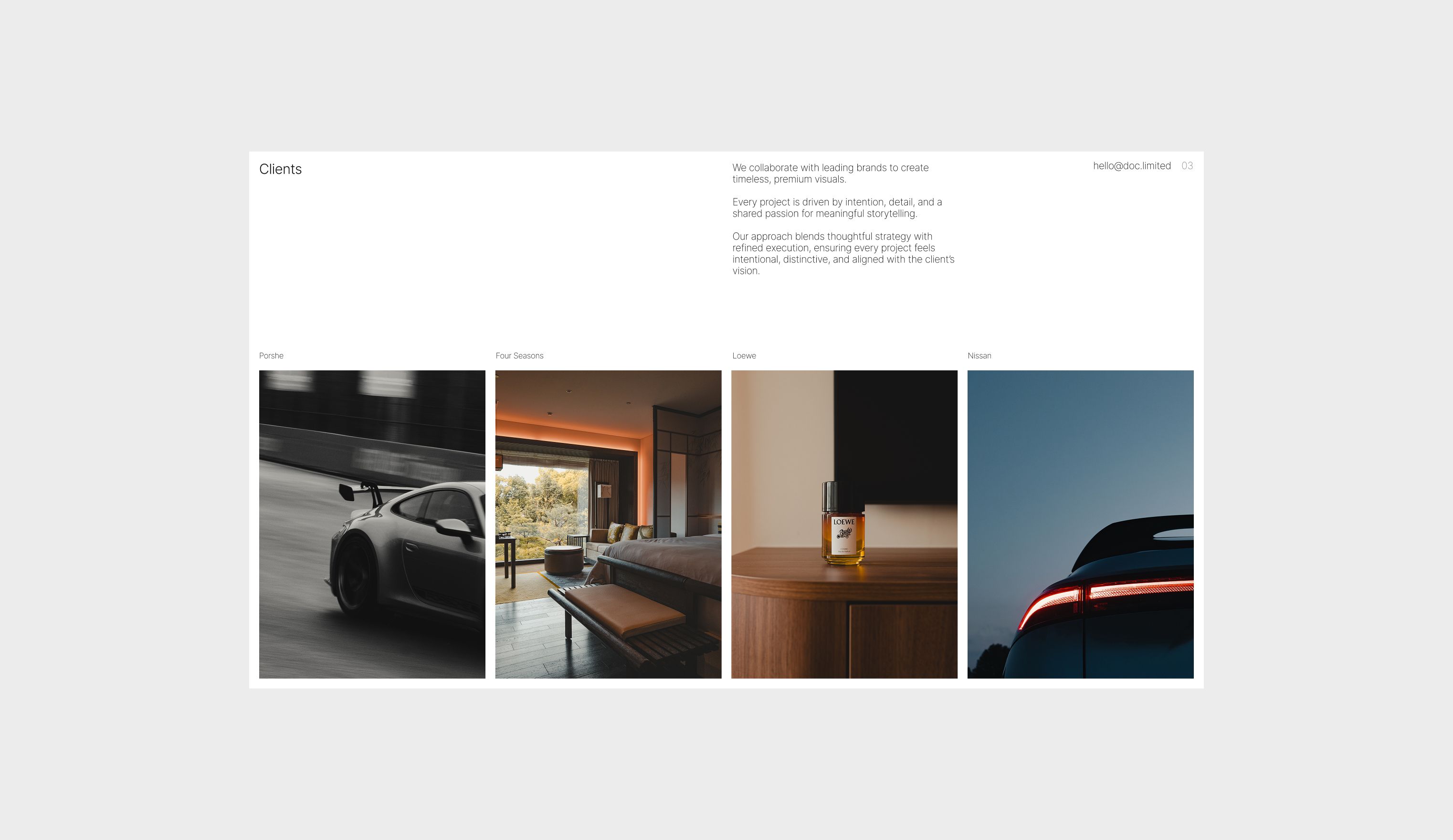 This design employs a clean, minimalist layout to showcase high-end visual work, pairing sophisticated typography with deep, cinematic photography. The visual language is restrained yet luxurious, effectively communicating a sense of premium quality and refined storytelling.