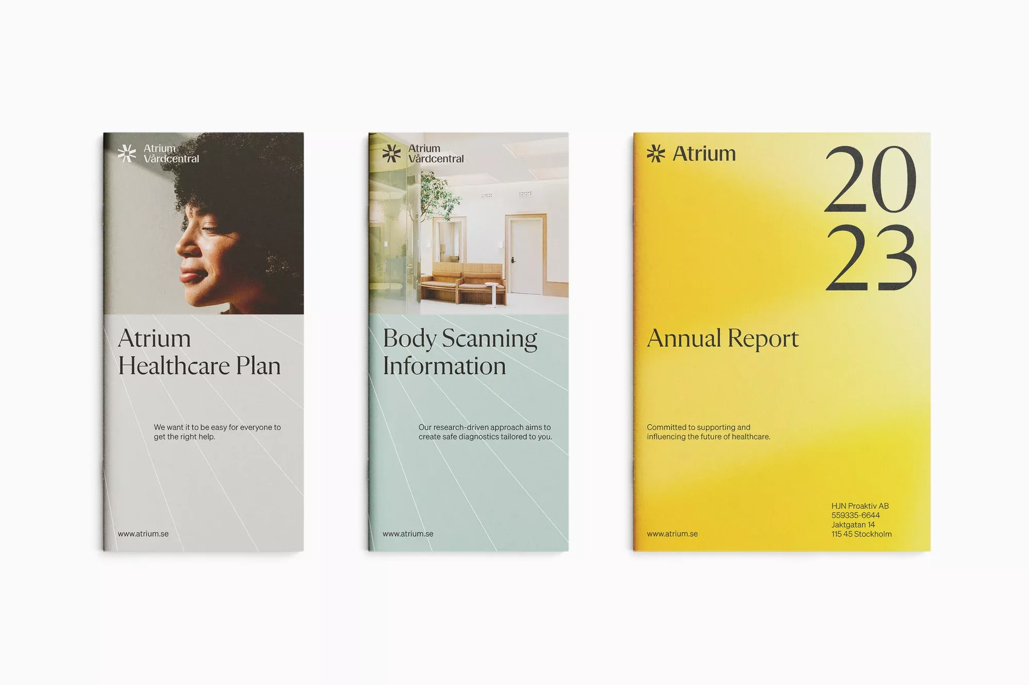The image displays three distinct covers for an annual report or publication, characterized by clean, minimalist design principles. The visual language relies heavily on negative space, subtle gradients, and high-quality photography to convey professionalism and trust.