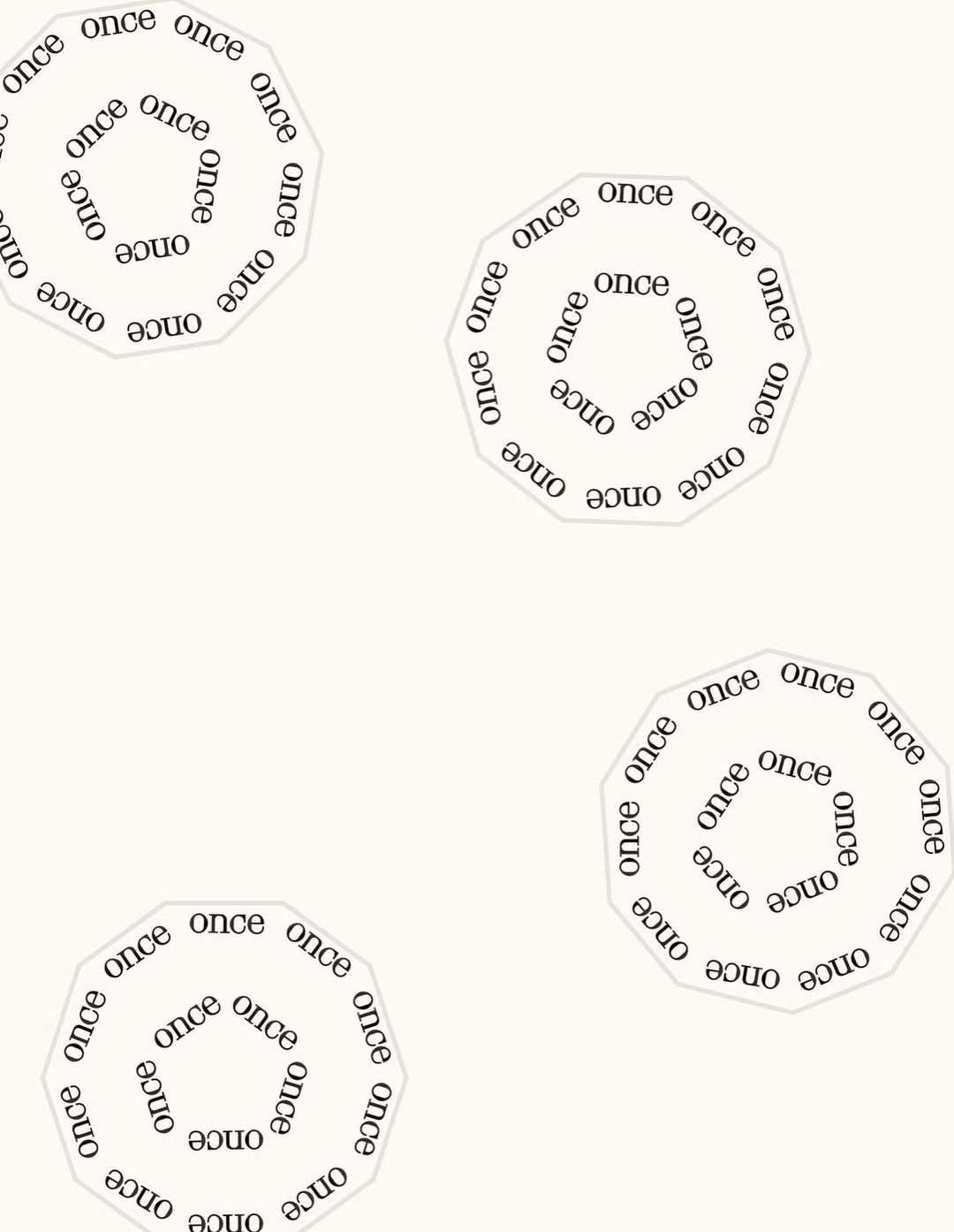 This design utilizes a simple, modular visual language centered around repetitive text within circular outlines. The style is clean yet suggestive of vintage stamps or checklists, creating a sense of methodical documentation and simplicity. The visual hierarchy relies purely on the repetition and arrangement of the text elements.