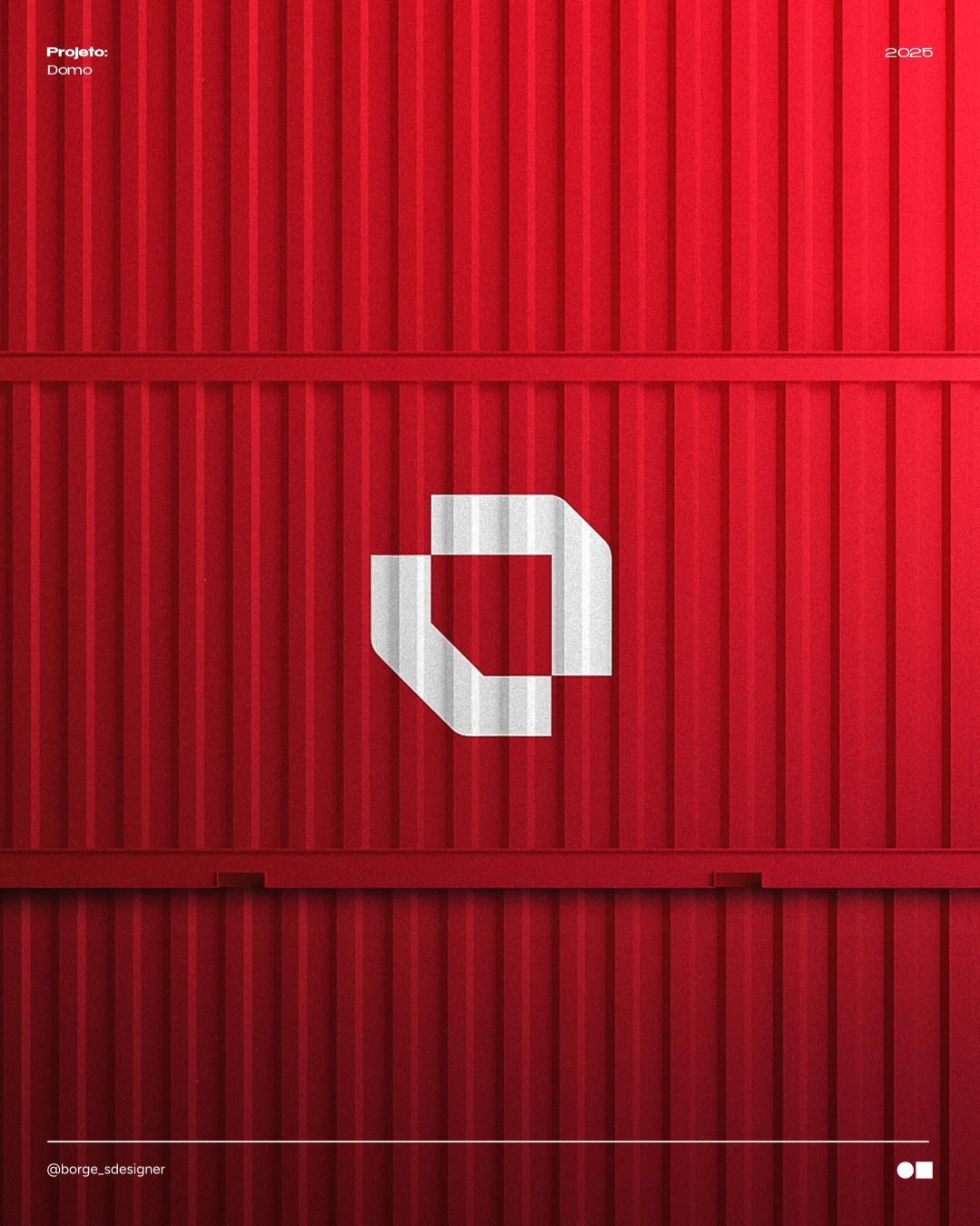 The design features a bold, minimalist aesthetic dominated by a vibrant red background and a stark white geometric logo. The composition is clean and vertical, utilizing strong parallel lines to create texture and depth.