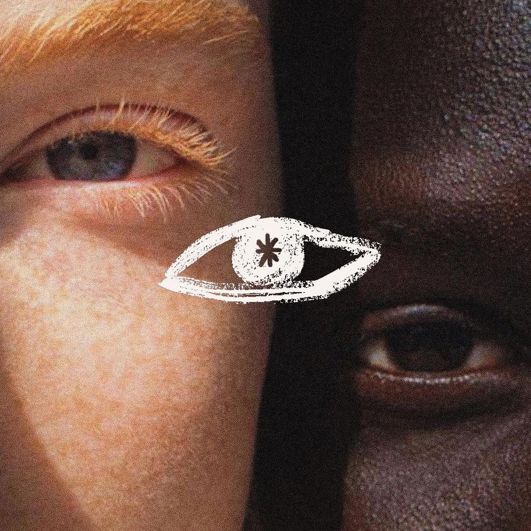 A conceptual collage featuring close-up photography of human eyes in warm and cool tones, unified by a striking white line-drawn eye symbol with a star pupil at center. The composition explores themes of perception, diversity, and connection through intimate facial imagery and symbolic visual language.