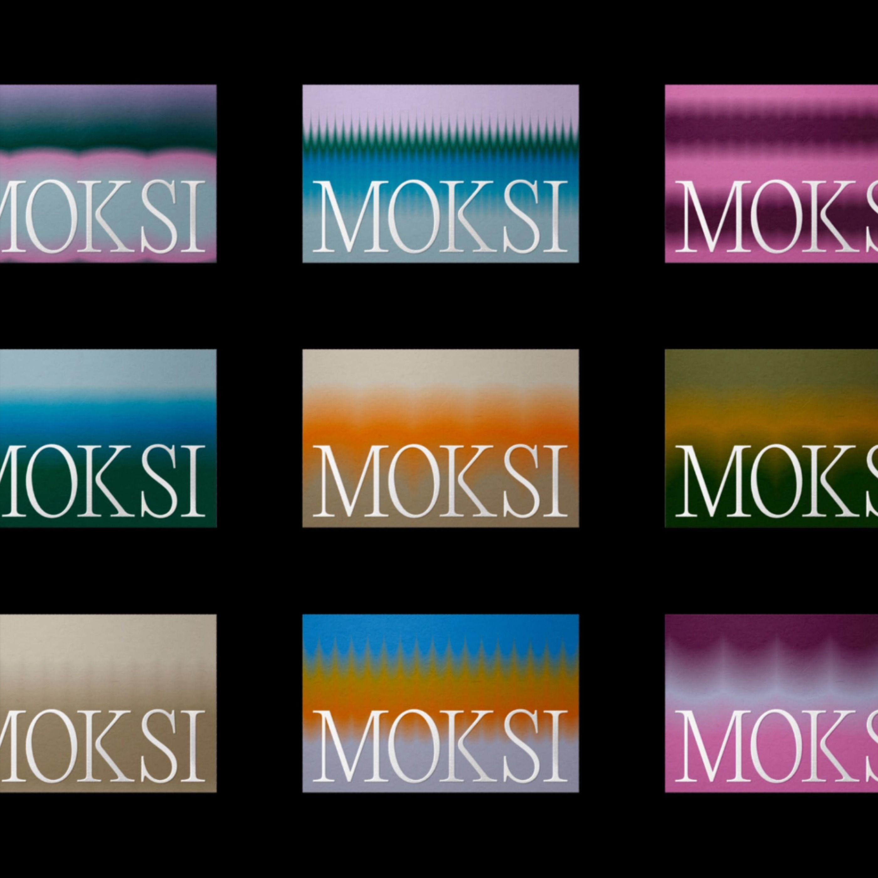 This image displays a series of horizontal color gradients, each featuring the text 'MOKSI' rendered in a clean, sans-serif typeface. The design relies heavily on smooth transitions between vibrant colors, suggesting a modern, digital, or abstract aesthetic.