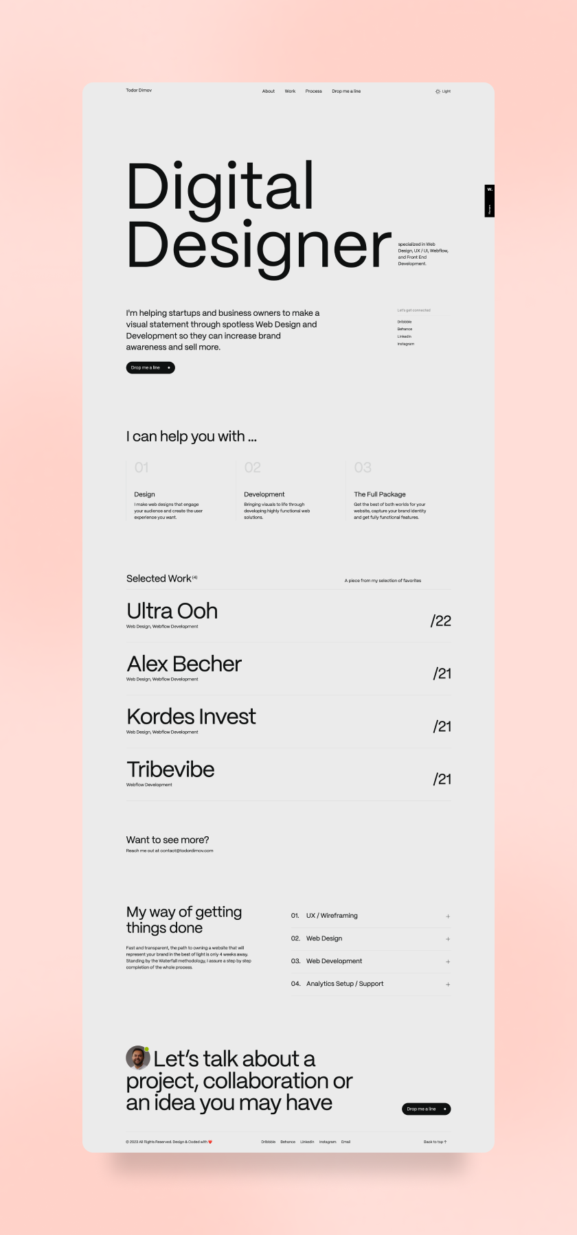 A minimalist portfolio website for a digital designer featuring clean typography, ample whitespace, and a soft color palette. The layout emphasizes content hierarchy through strategic use of negative space and subtle visual elements, creating a sophisticated and professional aesthetic.