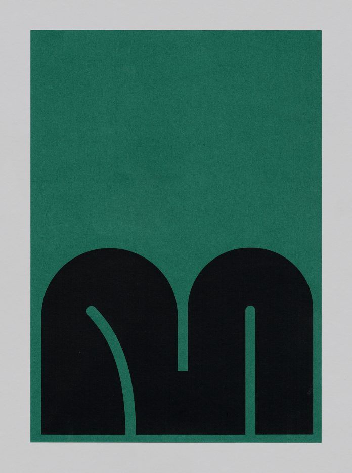 This is a minimalist graphic design featuring a bold, abstract black shape set against a deep teal or dark green background. The design relies on strong negative space and simple, organic curves to create a modern and clean visual statement.