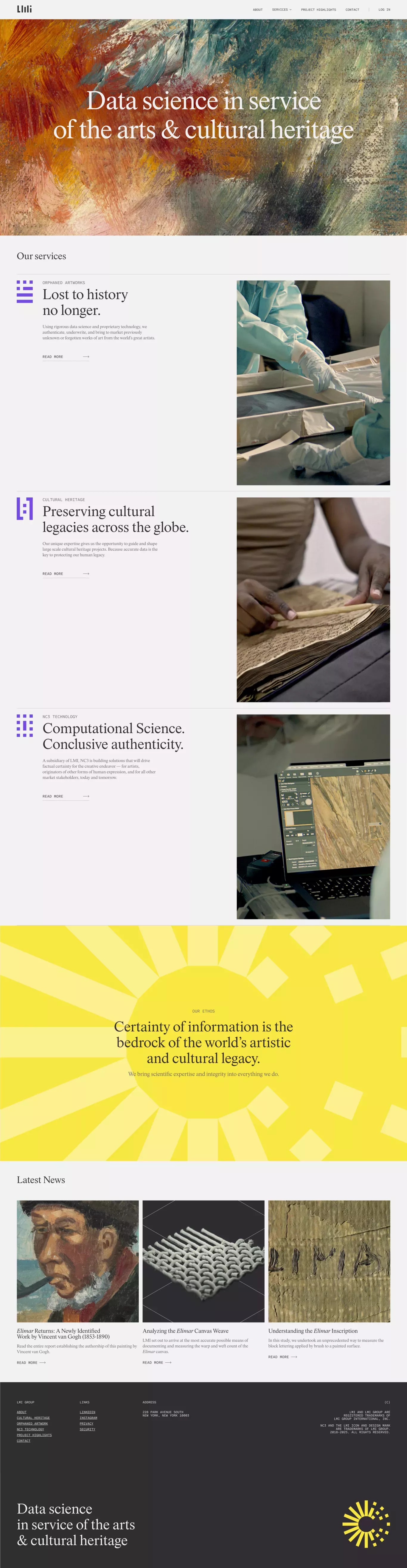 The design employs a rich, organic visual language, pairing historical textures with clean modern typography to establish a sophisticated and scholarly tone. The layout uses textured backgrounds and clear segmentation to present complex services in an accessible and visually compelling manner.