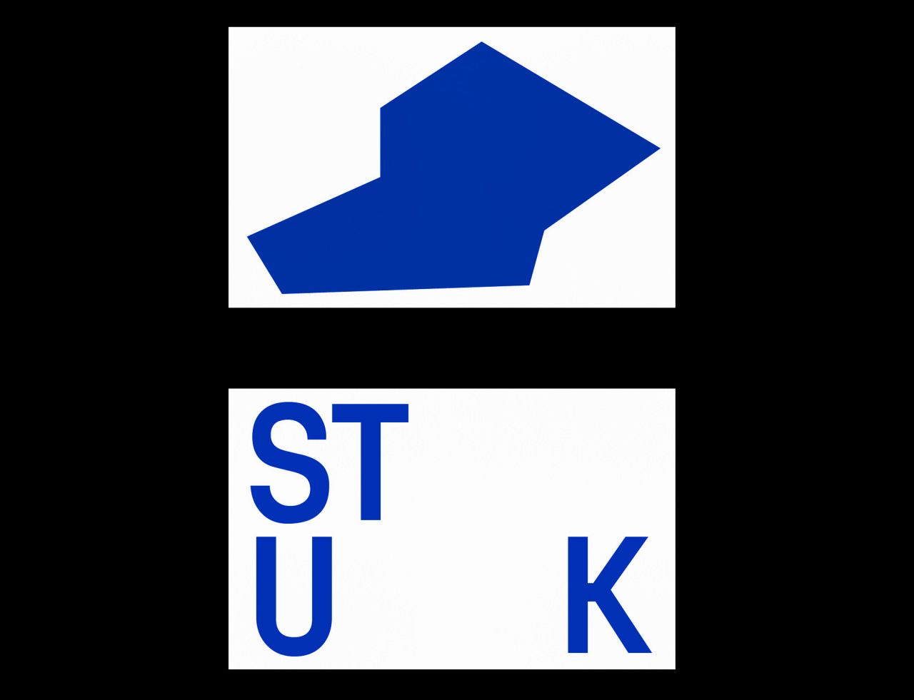 The image presents a stark, minimalist design featuring a solid blue shape against a white background, followed by large, capitalized blue letters. The visual language is clean, geometric, and direct, suggesting a formal or institutional branding element.