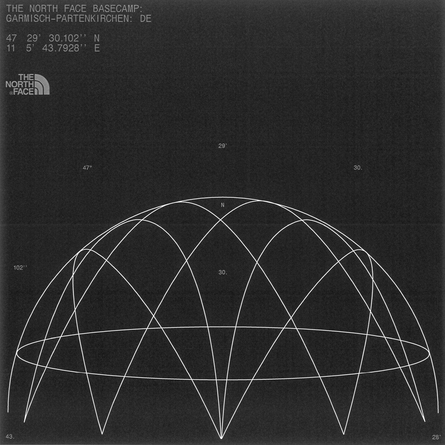 This image is a technical diagram, likely related to geographic or astronomical positioning, featuring a network of intersecting lines overlaid on a partial spherical projection. The visual language is stark, precise, and analytical, emphasizing geometric relationships over aesthetic embellishment.