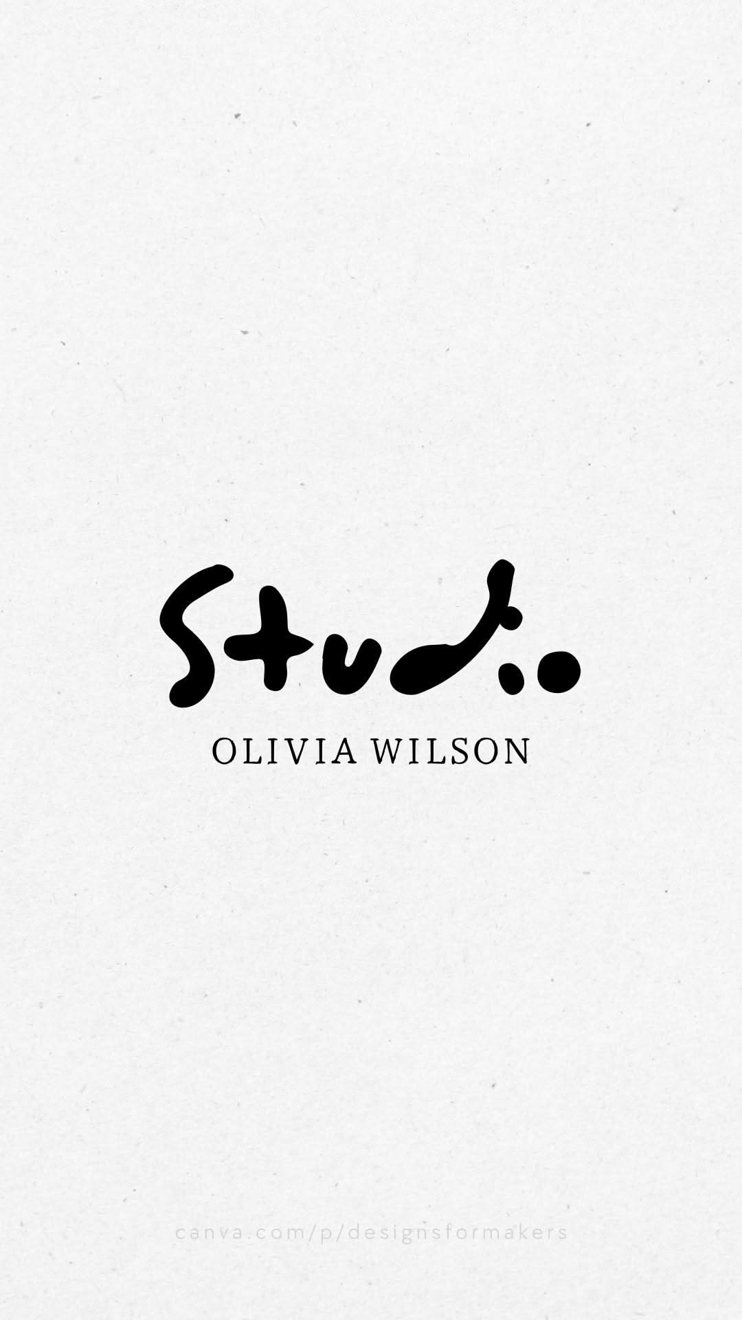This is a minimalist and clean typographic design featuring a custom, handwritten-style wordmark for 'Studio' above the name 'OLIVIA WILSON'. The design relies heavily on negative space and a monochrome palette to convey sophistication and artistic simplicity.