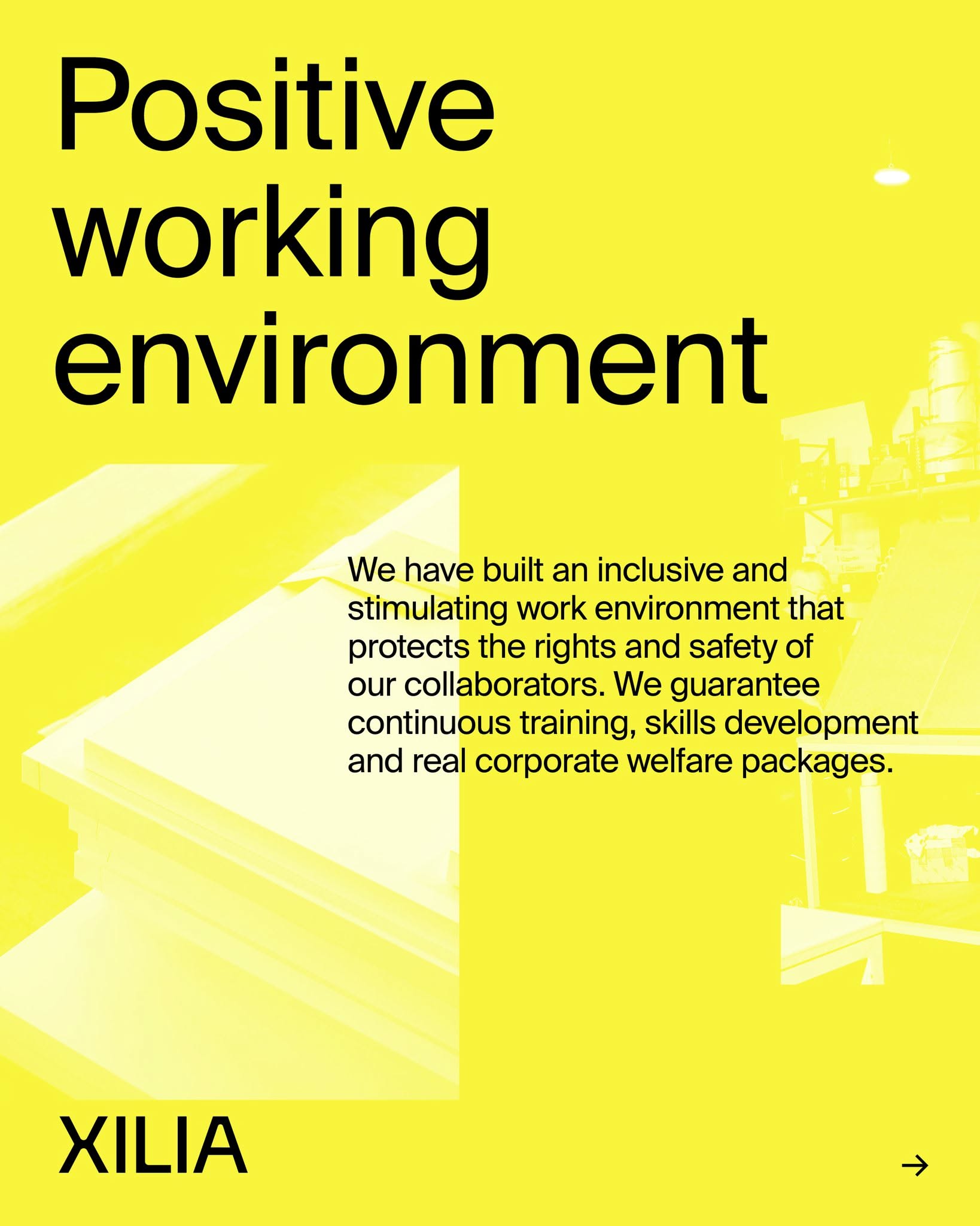 This design utilizes a high-contrast, minimalist approach dominated by bright yellow and stark black typography to convey positivity and corporate trust. The visual language is clean, direct, and optimistic, effectively communicating a commitment to employee welfare and development.