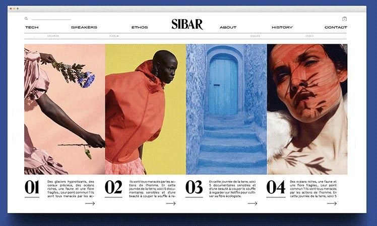 The design utilizes a clean, minimalist layout with strong photographic elements to present information in a numbered sequence. It employs a muted, cool color palette contrasted by warm skin tones and bold blocks of color to create a sophisticated yet direct visual narrative.
