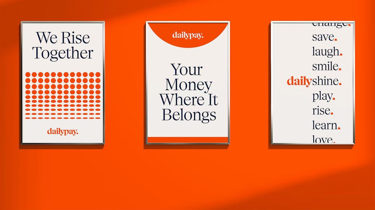 This design uses a clean, modern visual language centered around clear typography and high contrast to convey positive emotional messaging. The composition is structured as a vertical grid, utilizing an energetic orange background to make the white information panels pop. The overall feel is optimistic, trustworthy, and friendly, aiming to connect financial services with emotional well-being.