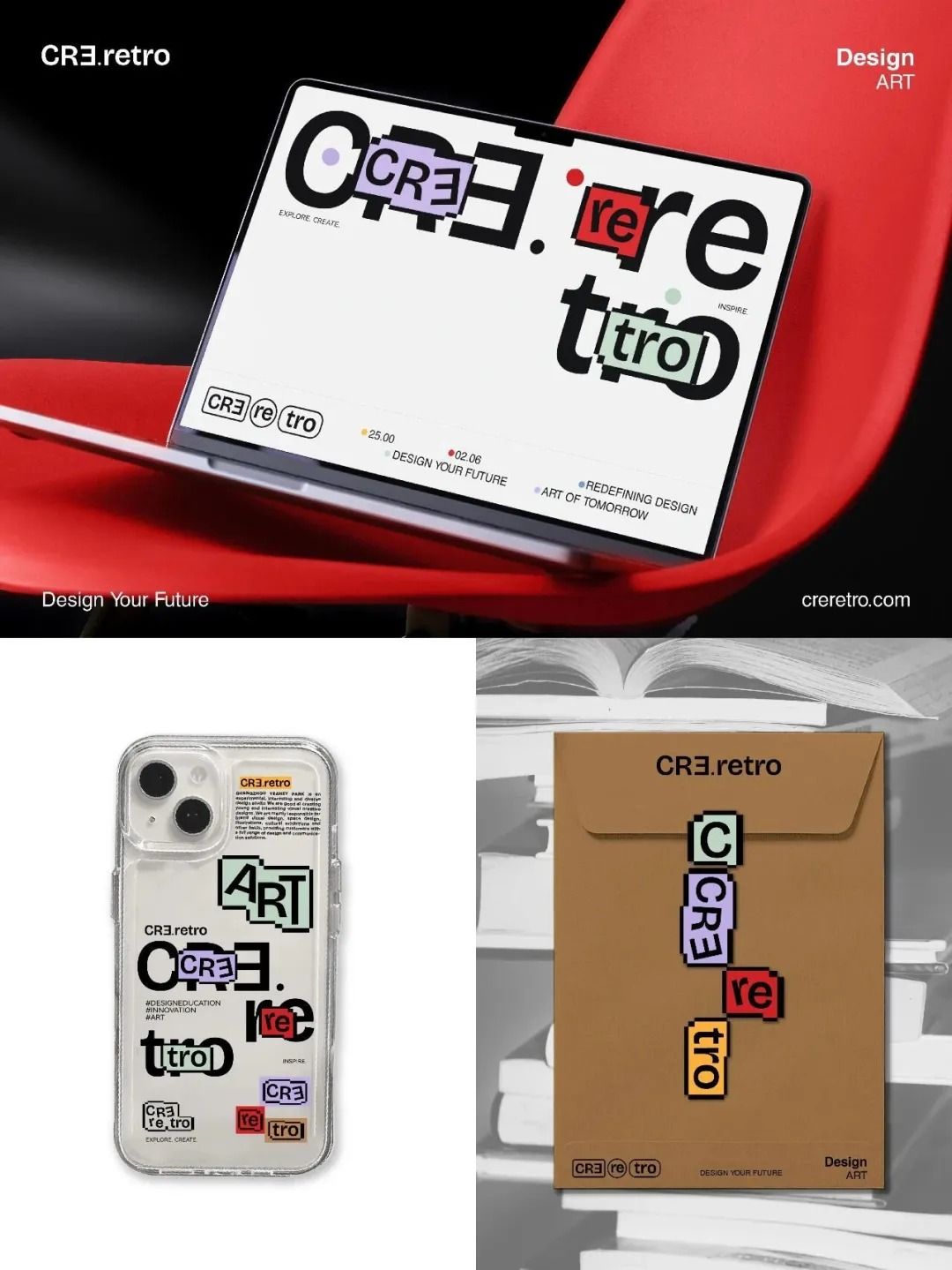 This visual explores a blend of modern digital presentation and tactile physical branding, utilizing bold typography to convey a retro-modern aesthetic. The design effectively uses negative space and color contrast to make the layered logo elements pop, creating a strong sense of identity.