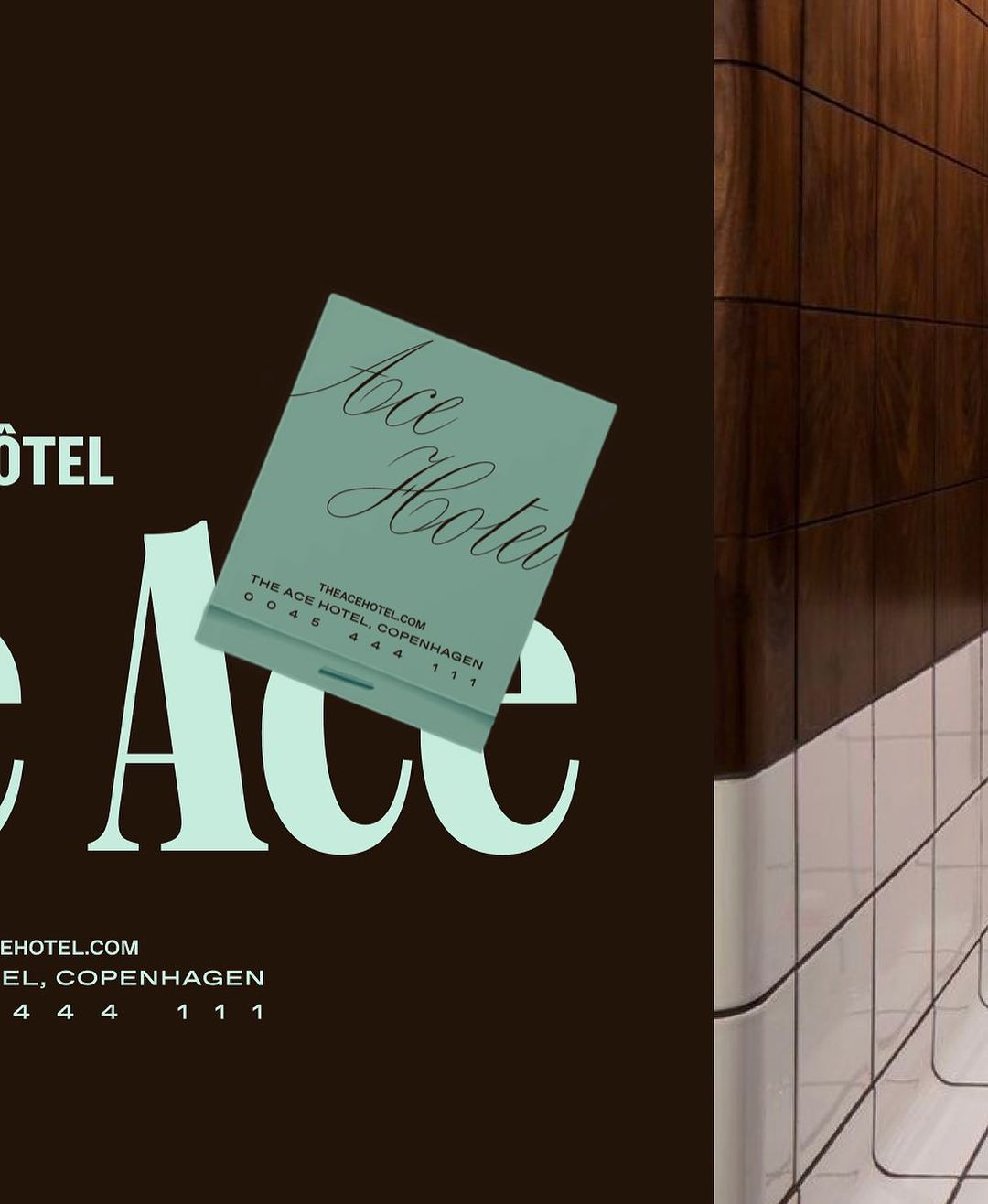 A sophisticated hotel branding composition featuring a tilted mint-green business card or invitation against a dark brown background, complemented by warm wood paneling and minimalist typography. The design balances luxury hospitality aesthetics with contemporary Scandinavian minimalism, creating an upscale yet approachable visual identity.