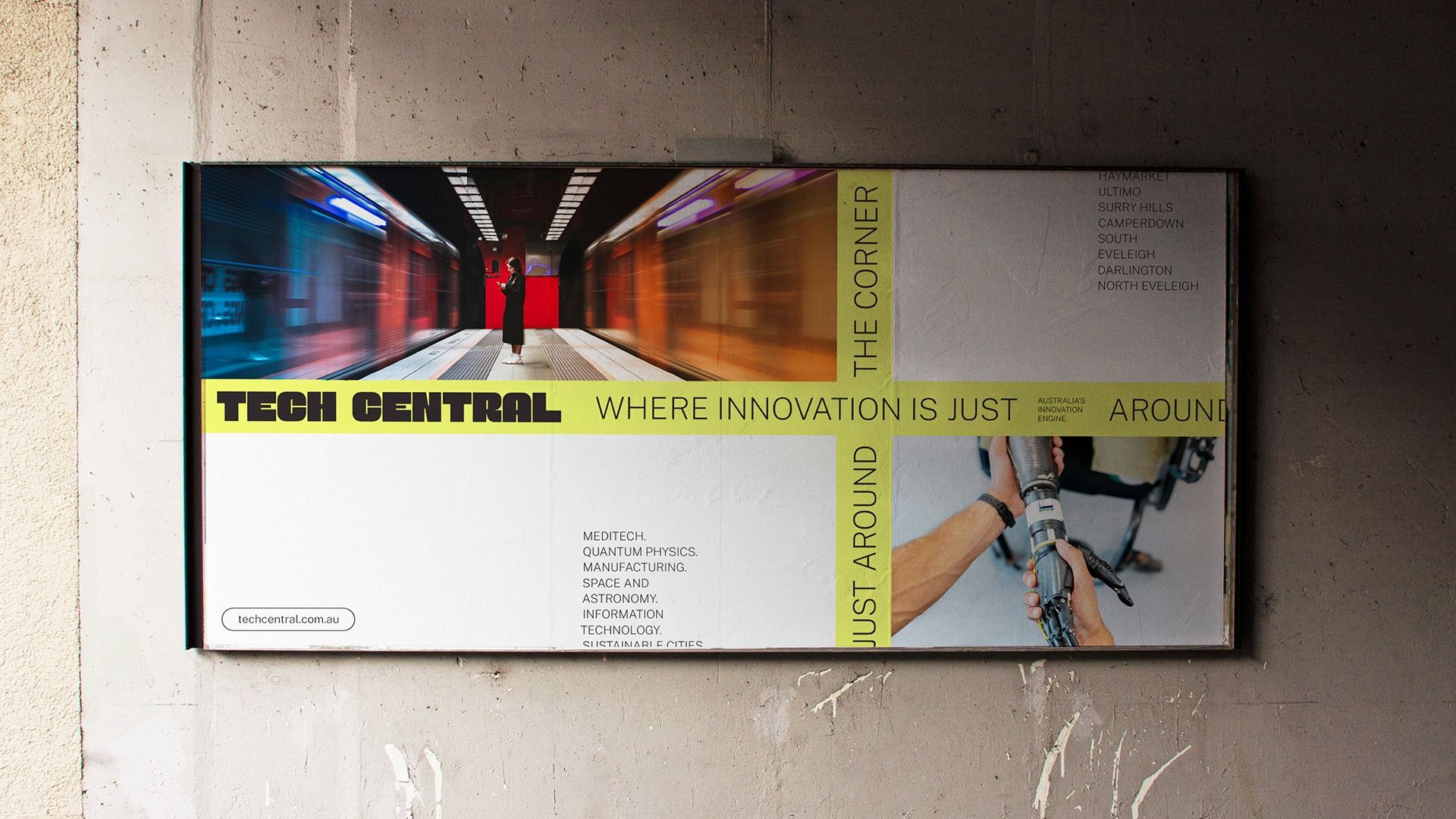 This is a large, horizontal informational display featuring a striking visual contrast between warm, glowing interior spaces and a stark, modern presentation format. The design uses strong lines and depth to convey a sense of innovation and technological immersion.