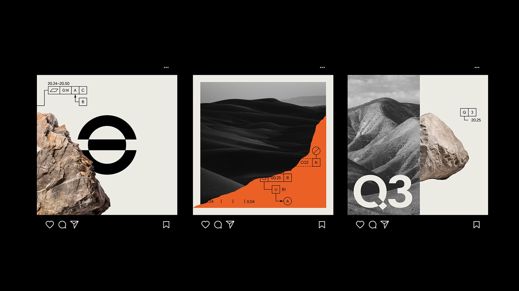 This visual presentation utilizes a stark, minimalist aesthetic characterized by high contrast and structured composition. The design effectively combines organic textures, such as rock formations, with precise geometric shapes and data visualizations to convey analytical information. The overall feel is professional, serious, and highly modern.