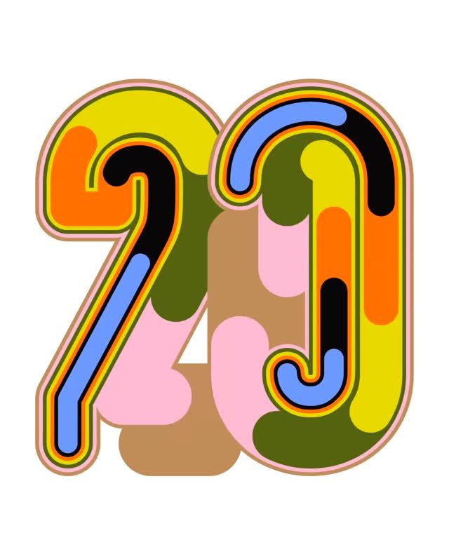 This is a vibrant, rounded, and playful typographic design forming the number '20'. It utilizes thick outlines and a layered, somewhat retro or bubbly aesthetic with a diverse, warm color palette.