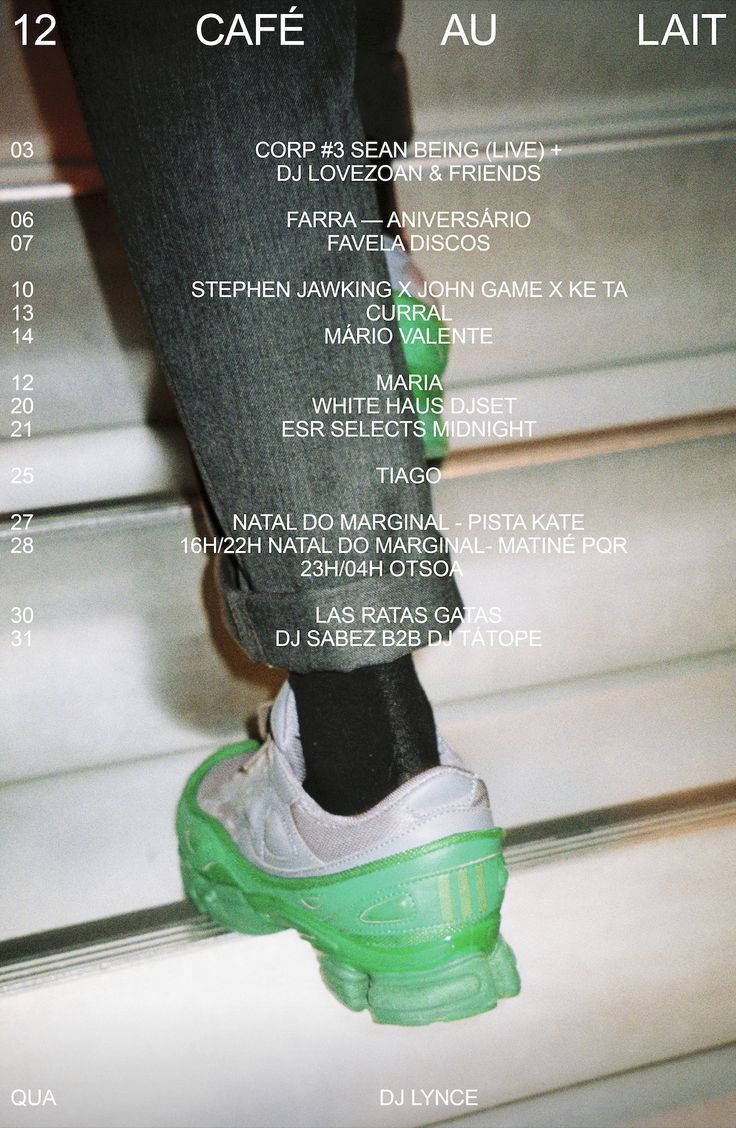 A contemporary design poster featuring a close-up photograph of a foot wearing a bright neon green shoe against a minimalist background. The layout combines photographic imagery with overlaid typography in a clean, modern aesthetic that suggests a music or cultural event. The design balances bold visual elements with refined typography to create an eye-catching yet sophisticated composition.