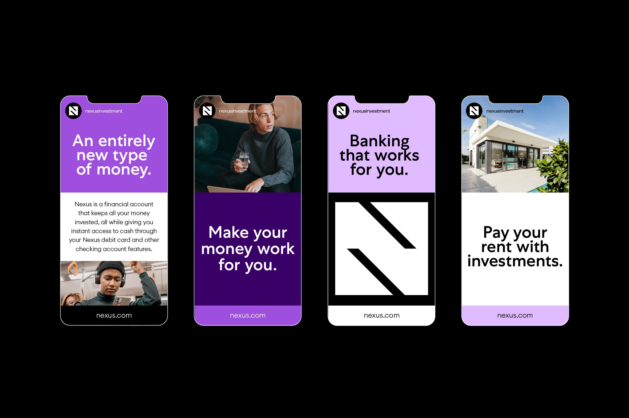 The image displays a series of four distinct, vertical mobile screen mockups, likely representing different features or value propositions for a financial technology service named 'Nexus'. The design is clean, modern, and uses strong negative space to highlight key text and icons.