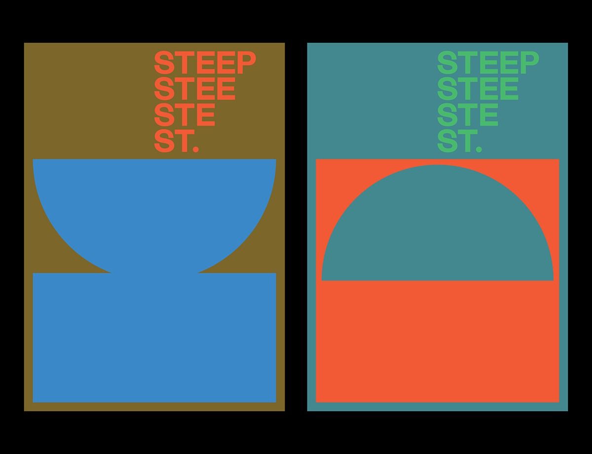 This design showcases a clean, modern aesthetic achieved through strong geometric shapes and deliberate color blocking. The visual language relies on simple forms—such as stacked text and abstract shapes—to create a structured and professional feel. The contrast between the two panels highlights different color harmonies while maintaining a cohesive, minimalist approach.
