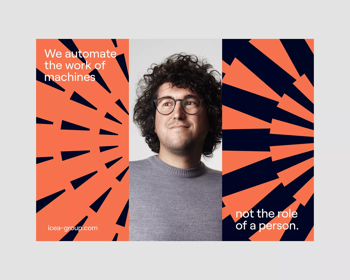 This design uses a bold, geometric layout with radiating lines to create visual tension between the human subject and abstract concepts of automation. The color blocking is strong, employing warm oranges against cool navy tones to convey a modern, analytical, and conceptual tone.