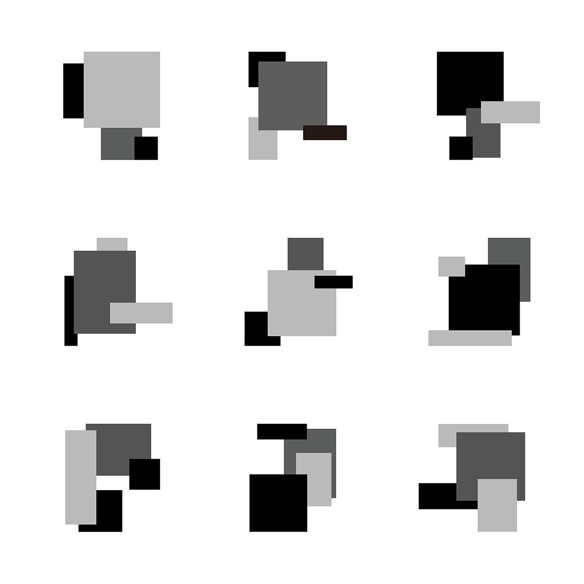 This image presents a grid of abstract geometric compositions exploring layering, negative space, and high contrast between black and various shades of gray. The visual language is stark, modern, and focused purely on form and tonal relationships.