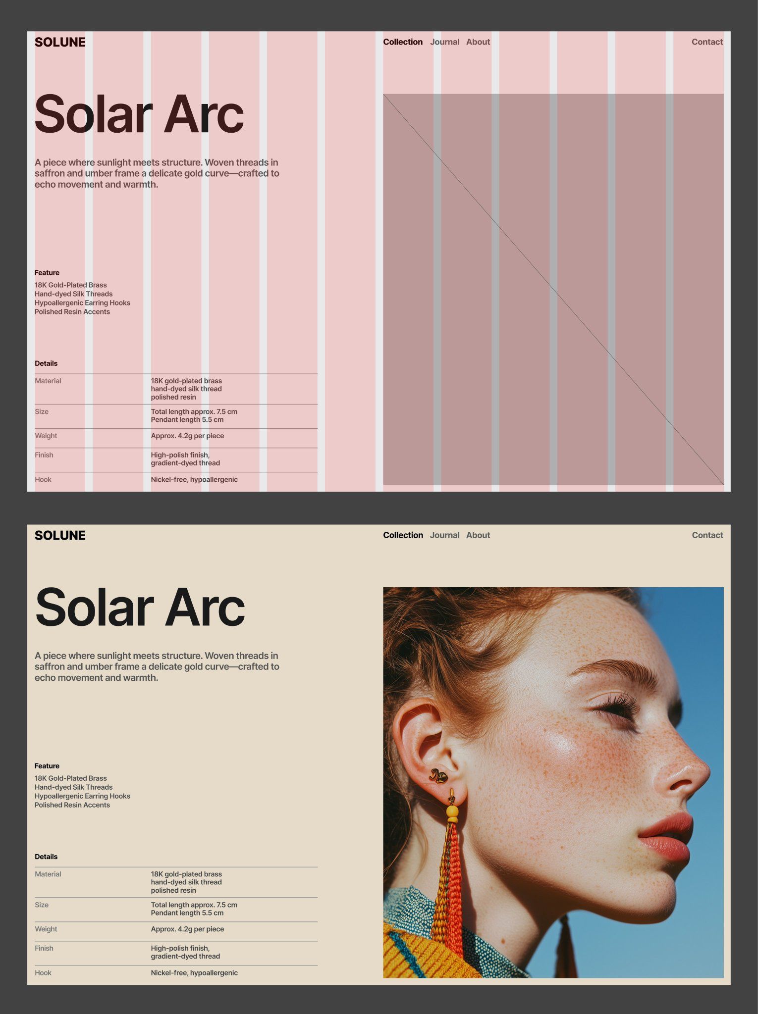 A minimalist, contemporary design system featuring two layout variations for 'Solar Arc,' showcasing a refined approach to editorial and portfolio presentation. The design employs a restrained color palette with geometric grid structures and clean typography, balancing abstract data visualization with lifestyle photography.