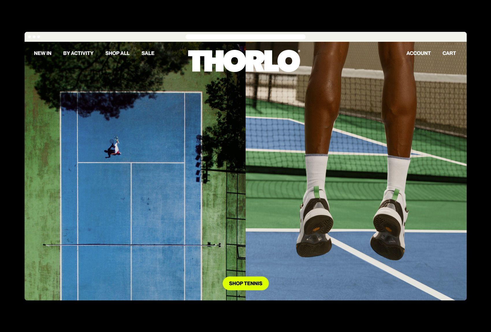 The image presents a clean, modern aesthetic centered around a tennis court, utilizing a muted, natural color palette contrasted by the bold typography of the brand name. The composition is balanced, featuring a split view between the court and the athlete's legs, conveying a sense of athletic performance and premium sports equipment.