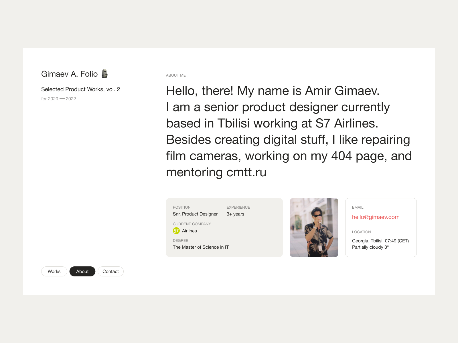 The design is clean, minimalist, and professional, utilizing ample white space to focus attention on the text content. The layout is straightforward, presenting personal and professional information in a structured, card-like format.