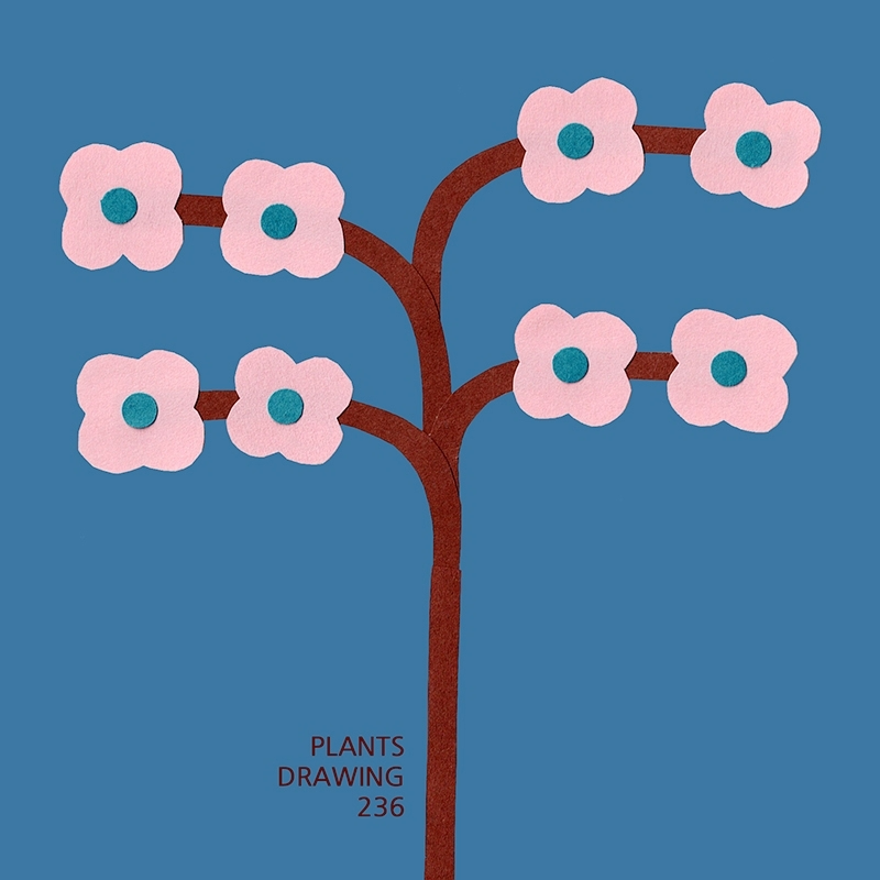 This image features a soft, whimsical illustration of a stylized tree and its blossoms rendered in muted tones against a solid blue background. The visual language relies on simple, organic shapes and a gentle color palette to evoke a calm, nature-inspired feeling.