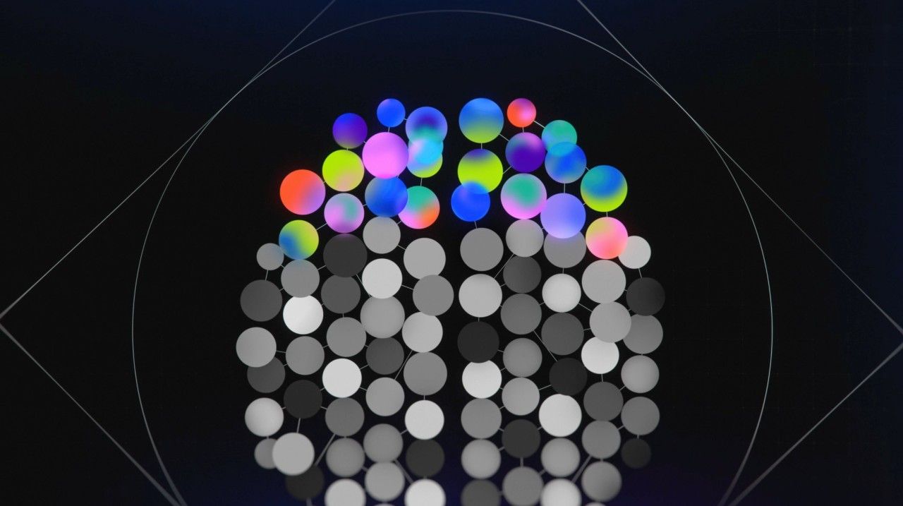 This image presents an abstract, high-tech visualization resembling a neural network or data cluster, utilizing vibrant, glowing spheres against a deep black background. The design effectively conveys complexity and interconnectedness through the arrangement of colored points, suggesting themes of science, technology, or cognitive mapping.