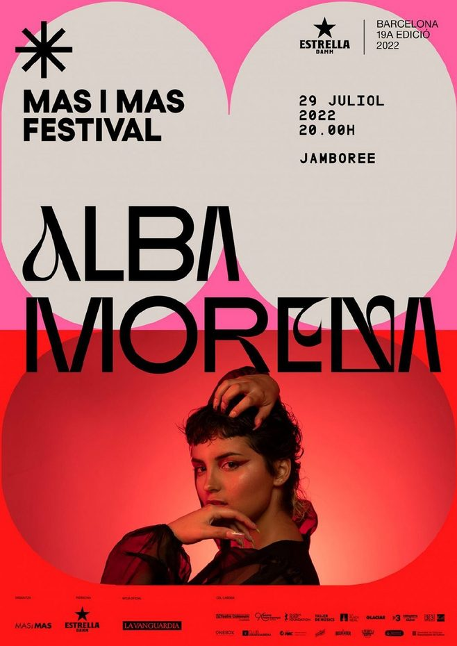 This poster employs a bold, high-contrast design utilizing stark black typography against vibrant pink and white circular shapes. The composition is modern and graphic, focusing attention on the main artist's name and a central portrait.