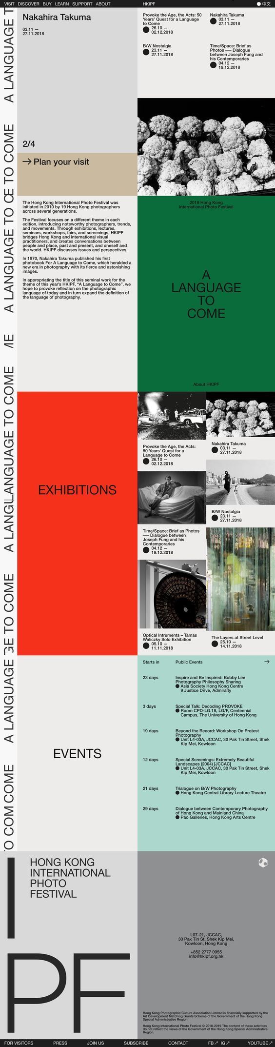 The design employs a stark, modular grid structure with high contrast between white space and solid blocks of color. It balances minimalist typography with large, impactful photographic elements to convey a sophisticated, gallery-like, and academic tone.